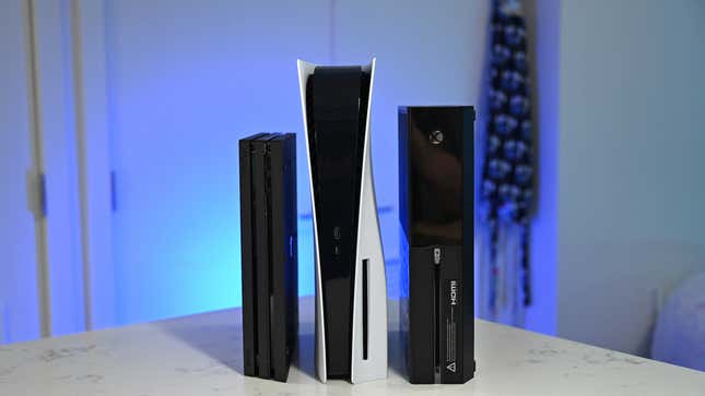 Here’s the PS5 (middle) next to the PS4 Pro (left) and an Xbox One (right).