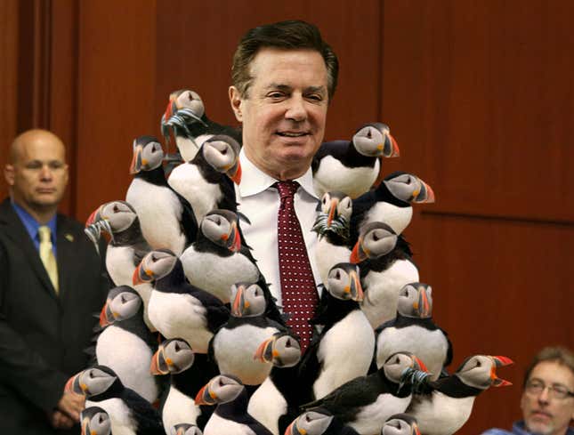 Image for article titled Defiant Manafort Enters Trial Wearing Coat Made Of Live Puffins