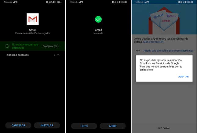 Esto es lo que pasa si intentas instalar una app de Google a pelo en el Huawei Mate 30 Pro.