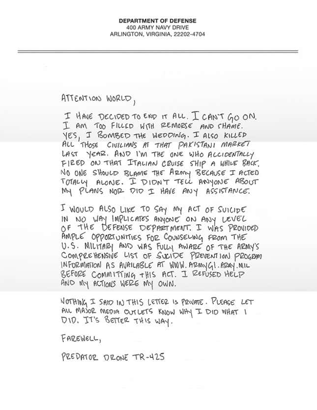 Image for article titled Military Releases Drone's Suicide Note