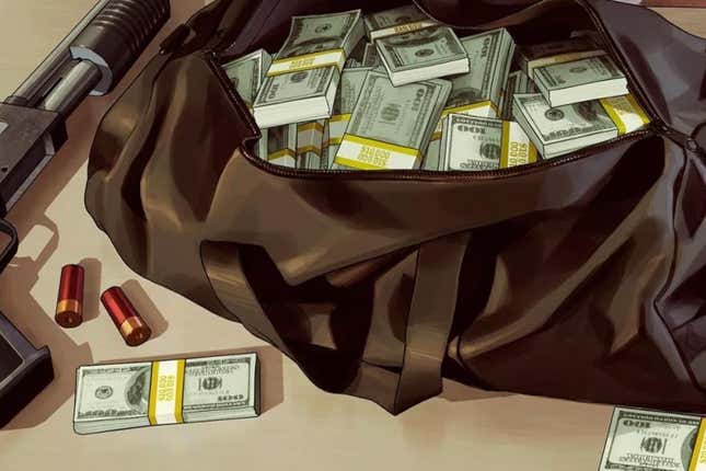 A large black bag containing stacks of cash from a GTA Online promo.