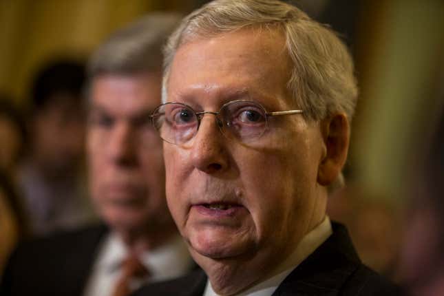 Senate Majority Leader Mitch McConnell (R-KY) speaks during a news conference following a weekly policy luncheon on April 2, 2019 in Washington, DC. (Photo by Zach Gibson/Getty Images)