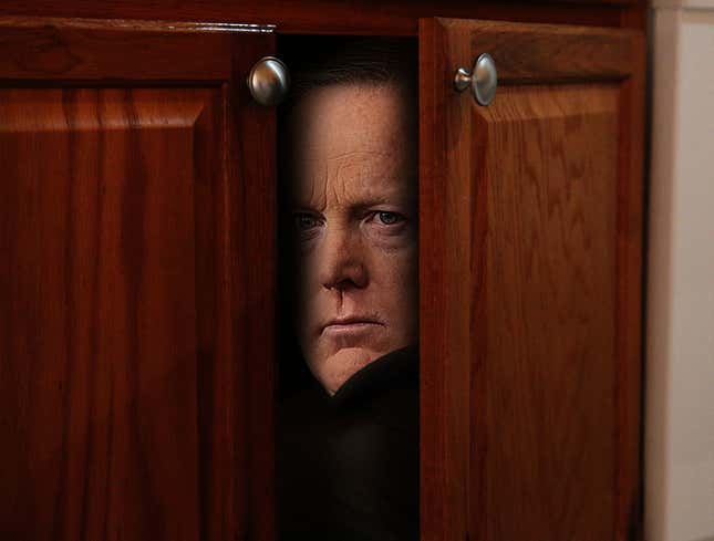 Image for article titled Despondent Sean Spicer Returned To Locked Kitchen Cupboard Following Press Briefing