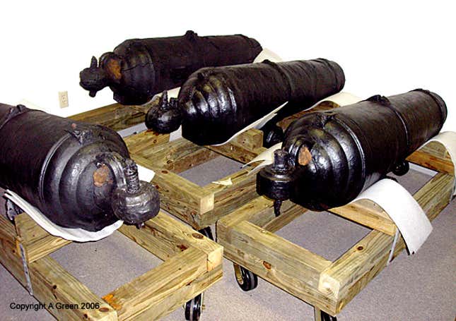 Cannons recovered for the wreck being carefully stored in temperature and humidity controlled conditions by Charles Fithian and his team of the State of Delaware Historical and Cultural Affairs.
