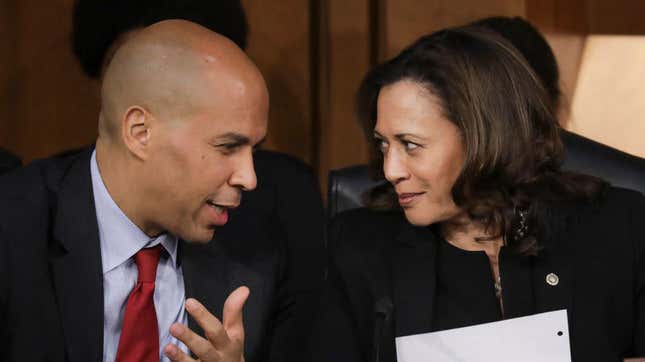 Sens. and Democratic presidential candidates Cory Booker and Kamala Harris during then-Supreme Court nominee Brett Kavanaugh’s Senate confirmation hearings in September 2018