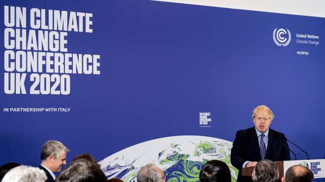 Britain’s Prime Minister Boris Johnson speaks during an event to launch the United Nations’ Climate Change conference, COP26, in central London on February 4, 2020.