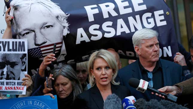 Kristinn Hrafnsson, editor of WikiLeaks, and barrister Jennifer Robinson speak to the media outside Westminster magistrates court where WikiLeaks founder Julian Assange was appearing in London, Thursday, April 11, 2019.