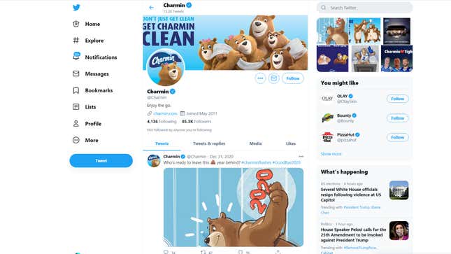 Image for article titled Eerily Silent Charmin Twitter Account Apparently Condones Attack On Capitol