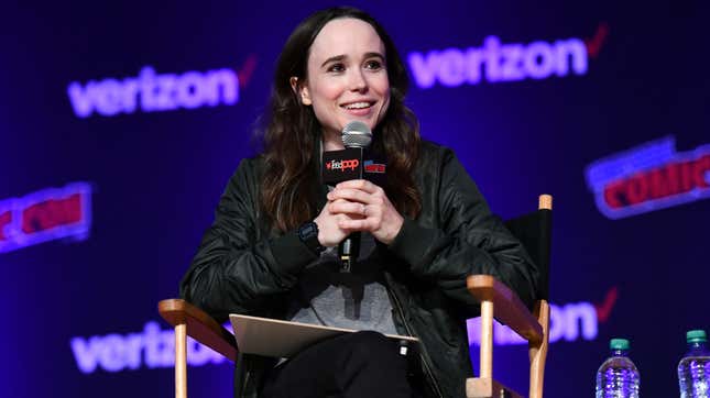 Elliot Page speaking at New York Comic Con in 2018.