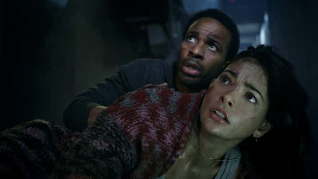 Andre Holland and Natalie Martinez in the Jurassic World short film Battle at Big Rock.
