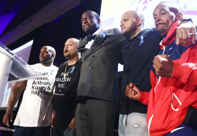 (L to R) Antron McCray, Raymond Santana, Yusef Salaam, Kevin Richardson and Korey Wise embrace on stage at the American Civil Liberties Union (ACLU) of Southern California’s 25th annual awards luncheon on June 7, 2019, in Los Angeles. 