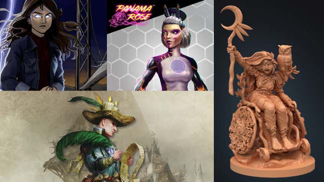 Clockwise from left: The Great American Witch, Altered Carbon: Fightdrome, Human Druid miniature, and Warhammer: It’s Your Funeral.