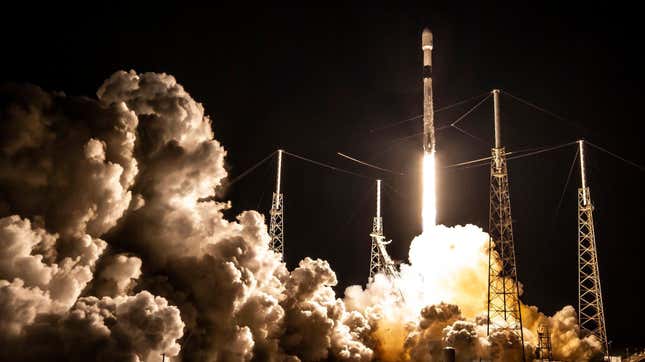 A Falcon 9 rocket launching with 60 Starlink satellites onboard from Cape Canaveral on January 6, 2020. 