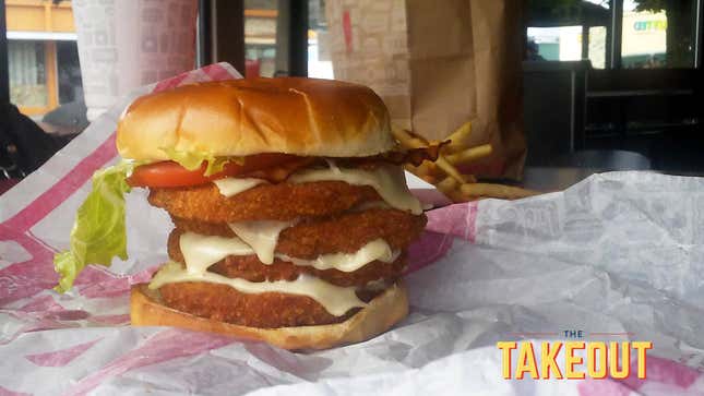 Image for article titled Jack in the Box&#39;s Really Big Chicken Sandwich Quad is outrageous to a fault