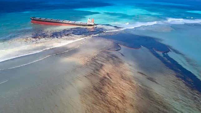 Oil leaks from the MV Wakashio, a bulk carrier ship that recently ran aground off the southeast coast of Mauritius, in what the island nation has now declared an environmental emergency. 