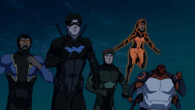 Black Lightning, Nightwing, Geoforce, Halo, and Forager the Bug in DC Universe’s Young Justice: Outsiders.