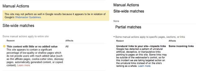 Messages owners receive when Google employees penalize their sites.