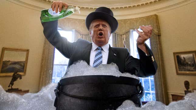 Image for article titled ‘A Dash Of Soap Bubbles, 2 Pinches Of Sunshine, And Just A Drop Of Imagination’ Says Top Hat-Wearing Trump Pouring Ingredients Into Fizzing Concoction
