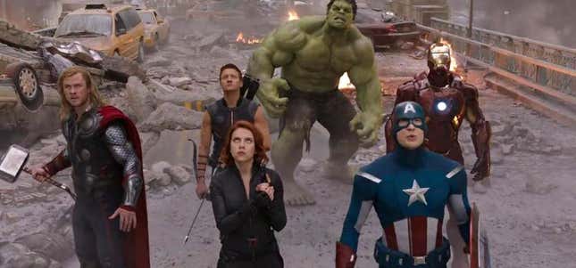 The Avengers stare up at their new corporate overlords.