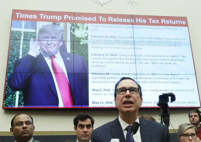 Treasury Secretary Steven Mnuchin testifies during a House Financial Services Committee on Capitol Hill May 22, 2019 in Washington, DC. The committee heard testimony from the Secretary on the State of the International Financial System, and President Donald Trump’s tax returns.