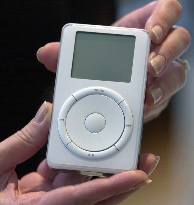 In this Oct. 23, 2001 file photo, the original iPod is displayed after its introduction by Apple Inc.