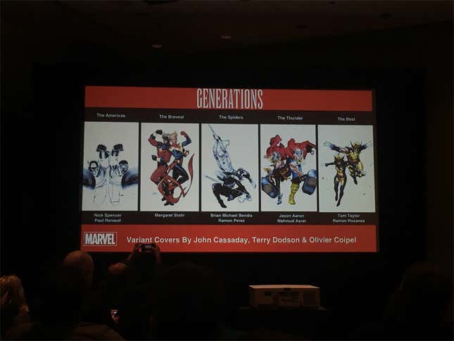 Covers for some of the Generations stories revealed at C2E2. Image: Beth Elderkin/Gizmodo
