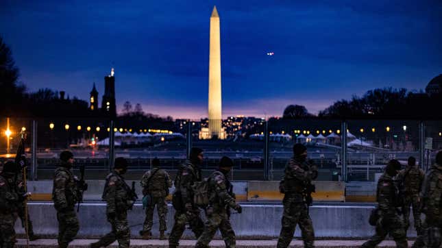 Soldiers with Bravo Company, a detachment of the Virginia National Guard, on duty in Washington, DC on Jan. 17.