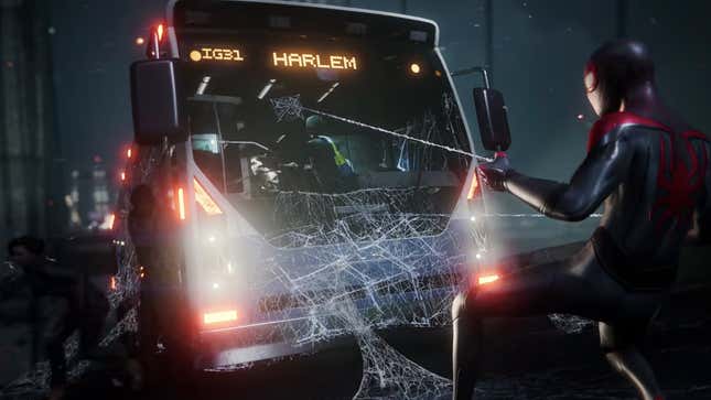 Miles holding a bus up with his webbing while civilians escape.