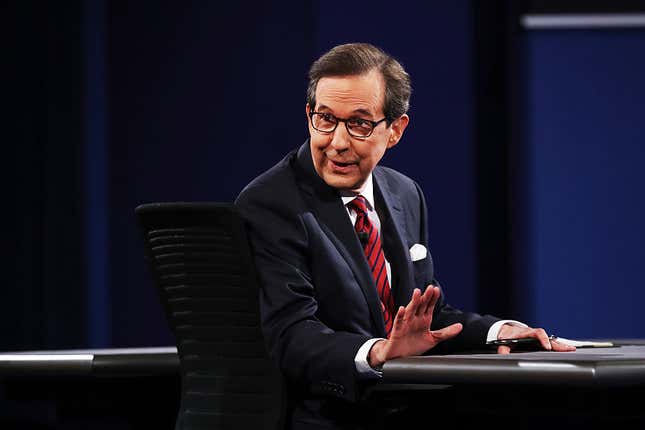 Fox News anchor and moderator Chris Wallace speaks to guests and attendees during the third U.S. presidential debate on October 19, 2016, in Las Vegas, Nev.