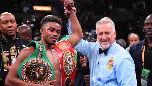 Referee Jack Reiss declares Erroll Spence Jr. the winner after he defeated Shawn Porter in their IBF &amp; WBC World Welterweight Championship fight at Staples Center on September 28, 2019.