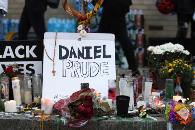 A makeshift memorial for Daniel Prude is seen prior to a march on September 06, 2020 in Rochester, New York. Prude died after being arrested on March 23 by Rochester police officers who had placed a “spit hood” over his head and pinned him to the ground while restraining him. This is the fifth consecutive night of protesting since the family released bodycam footage of Mr. Prude’s arrest. 