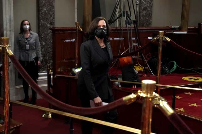  Vice President Kamala Harris arrives to participate in ceremonial swearing in photo ops with Sens. Patrick Leahy (D-VT) and Alex Padilla (D-CA) in the Old Senate Chamber at the U.S. Capitol on February 4, 2021 in Washington, D.C. 