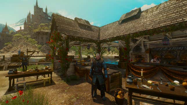 Geralt stand outside of an inn. 