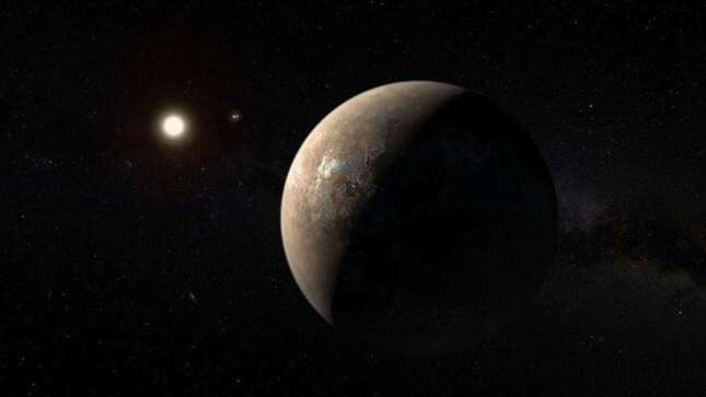 Interpretación artística de Proxima b con su extrella al fondo.