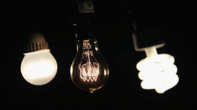 A CFL bulb (right), a vintage-style incandescent bulb (center), and an LED bulb (left). 