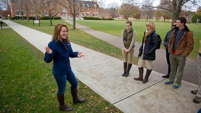 Image for article titled Campus Tour Guide Reminds Students At Each Stop They Have To Get In First