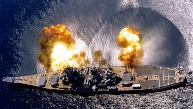 The USS Iowa fires a full broadside. Photo credit: U.S. Navy