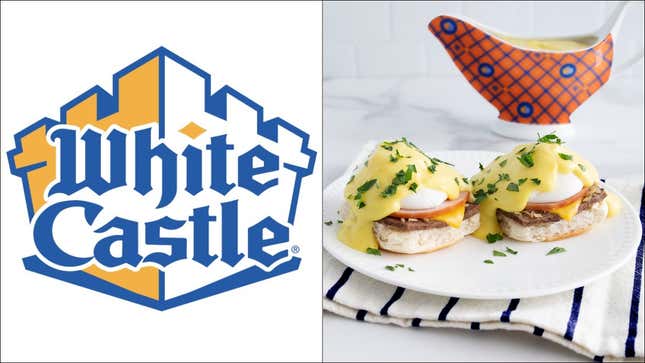 White Castle eggs benedict beside an orange-and-blue gravy boat