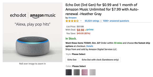 Amazon Echo Dot + 1 Month Amazon Music Unlimited | $9 | Amazon