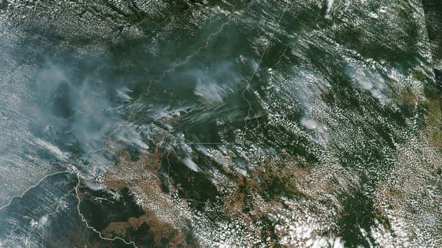 Smoke from human-ignited fires across the Brazilian Amazon.