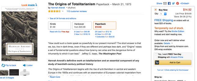 Image for article titled Amazon Needs to Restock Hannah Arendt&#39;s The Origins of Totalitarianism