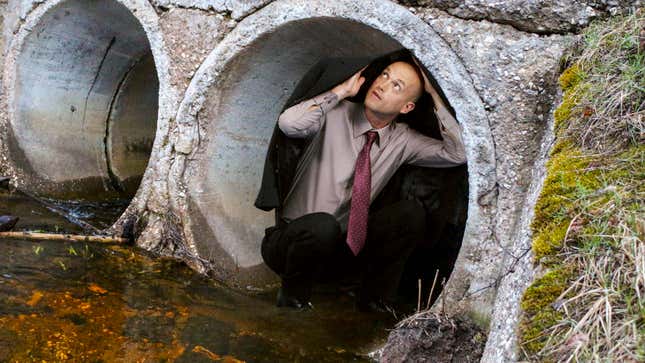 Image for article titled Undecided Voter Silently Crouching Inside Drain Pipe As Convoy Of Political Analysts Passes Overhead
