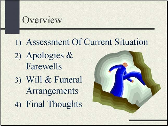 Image for article titled Project Manager Leaves Suicide PowerPoint Presentation