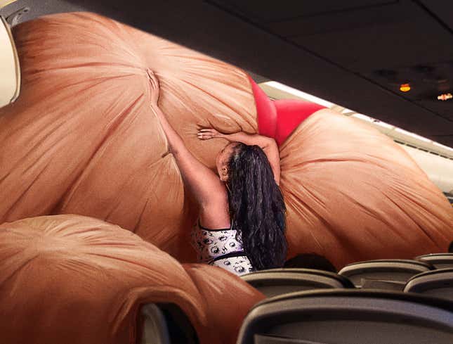 Image for article titled Flight Attendant Annoyed By Lizzo Attempting To Stuff Giant Inflatable Ass Into Overhead Compartment