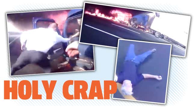Image for article titled Watch A Cop Drag A Driver From A Truck Seconds Before It Explodes Like In A Damn Movie