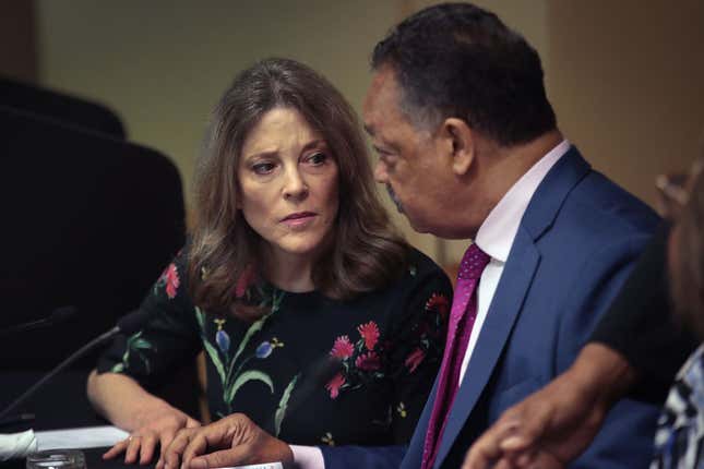 Rev. Jesse Jackson speaks with Democratic presidential candidate and self-help author Marianne Williamson at the Rainbow PUSH Coalition Annual International Convention on July 1, 2019, in Chicago.