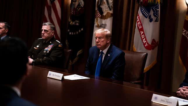 President Donald Trump participates in a meeting with Senior Military Leadership and the National Security Team in the Cabinet Room of the White House in Washington DC, May 9th, 2020.