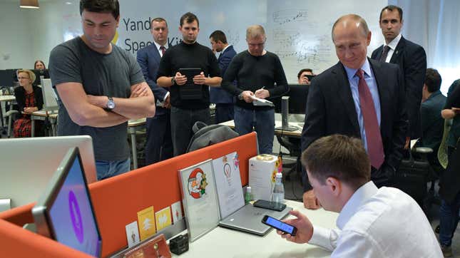Russian President Vladmir Putin visiting the headquarters of Yandex in September 2018.