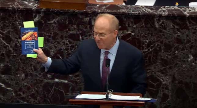 In this screenshot taken from a congress.gov webcast, David Schoen, defense lawyer for former President Donald Trump speaks while holding a copy of the Constitution on the first day of former President Donald Trump’s second impeachment trial at the U.S. Capitol on February 9, 2021 in Washington, DC.