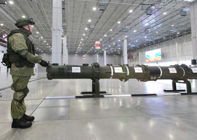 9M729 cruise missile sealed in launch canister, on display in Moscow, January 2019.